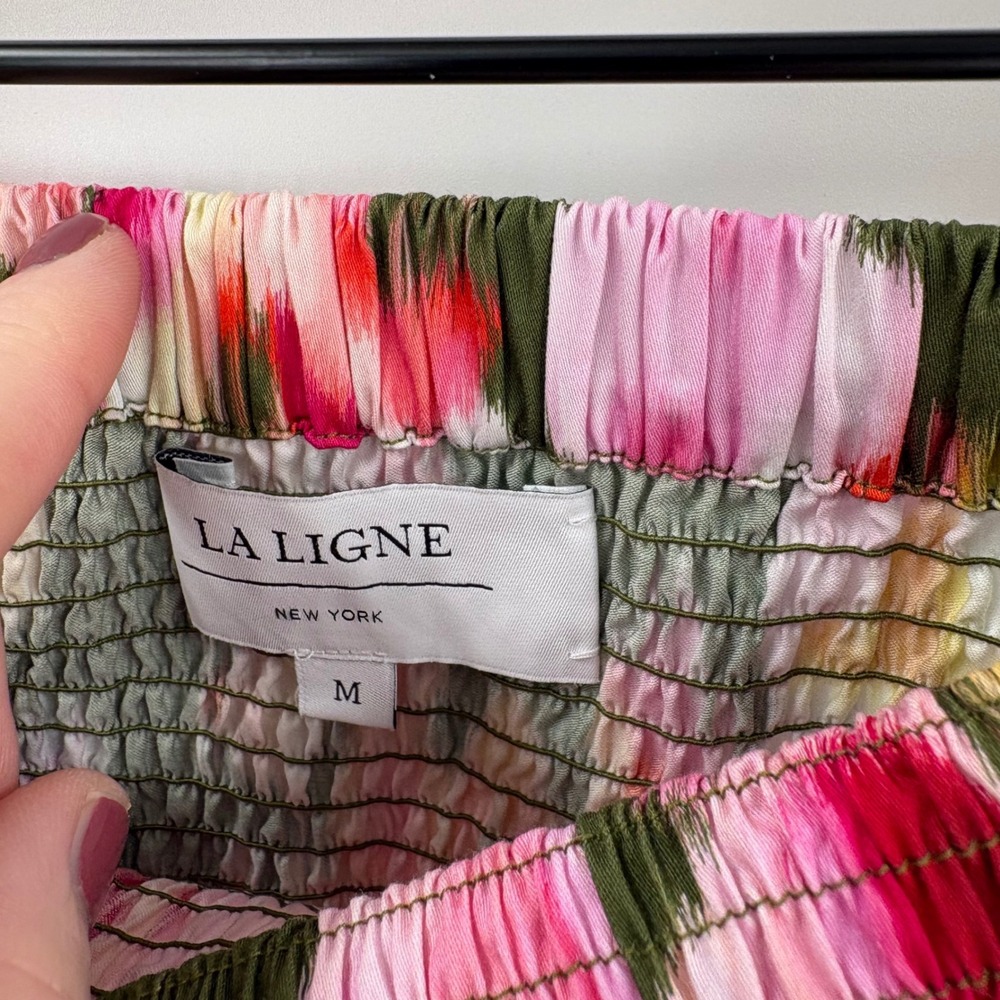 La Ligne Smocked Midi Skirt Olive Green Floral  Print 100% Cotton Medium - Picture 4 of 8